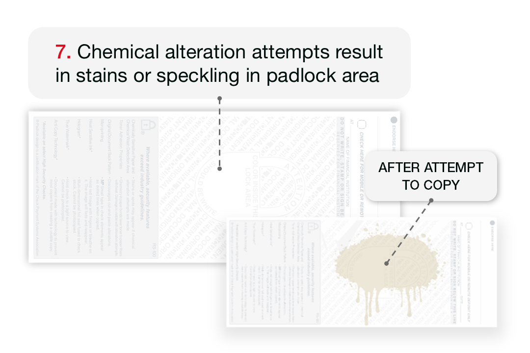 Chemical alteration attempts results in stains or speckling in padlock area